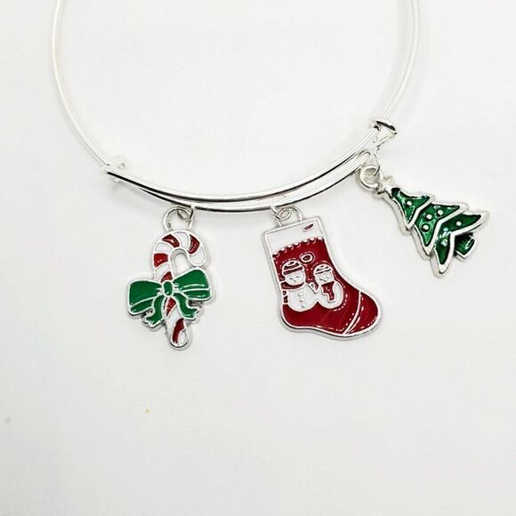 Silver Christmas Charm Bracelet, Candy Cane, Stocking, and Tree Charms - Picture 9 of 11